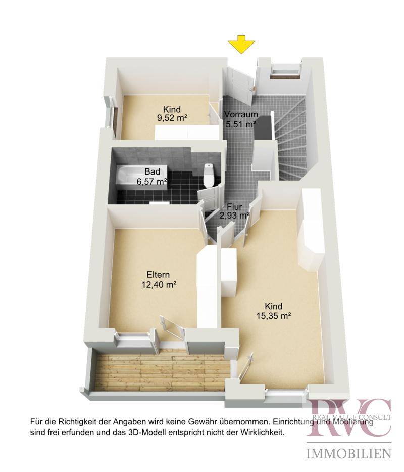 3D-Grundriss des Obergeschosses mit drei Schlafzimmern, einem Badezimmer und unterschiedlichen Bodenbelägen.