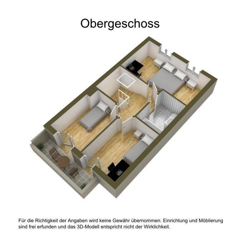 Grundriss des Obergeschosses mit drei Schlafzimmern und einem Badezimmer.