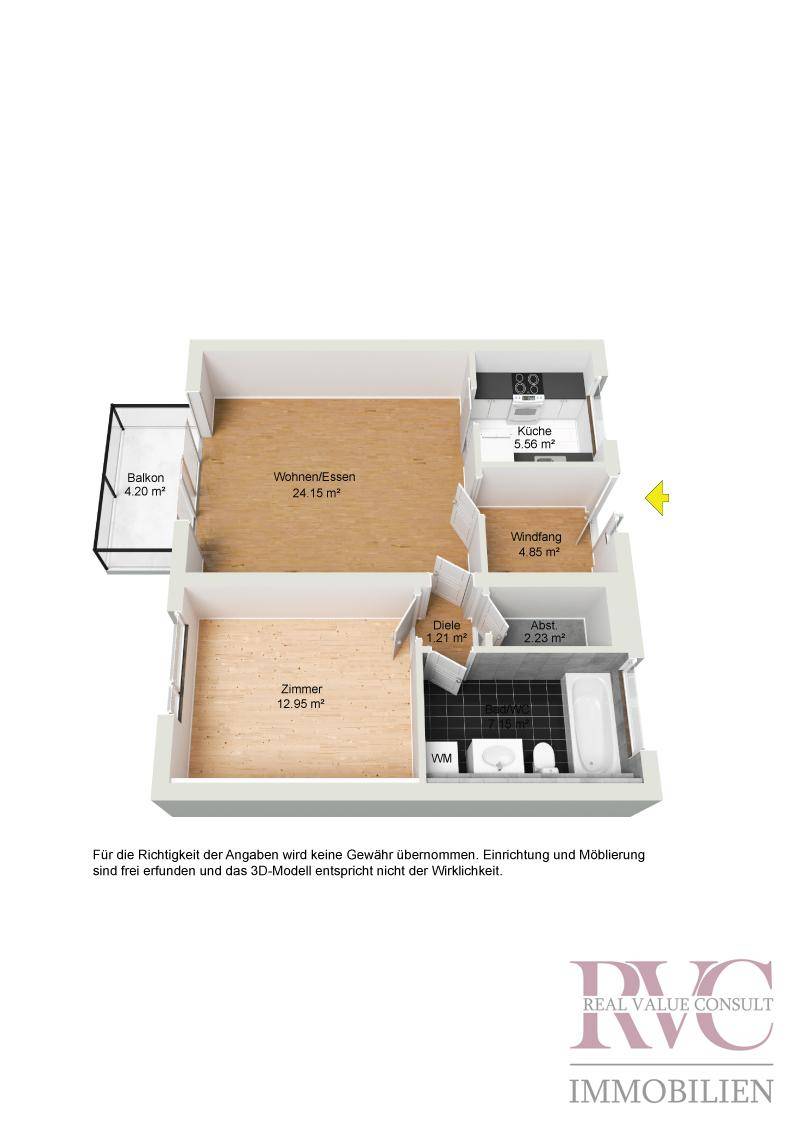 3D-Grundriss einer Wohnung mit Holzböden, Balkon und separater Küche.
