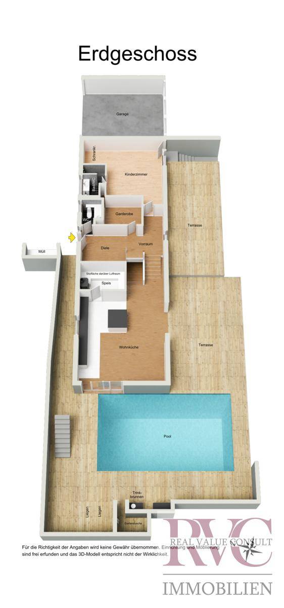 Detaillierter Grundriss des Erdgeschosses mit Pool, Terrasse und offenem Wohnbereich.