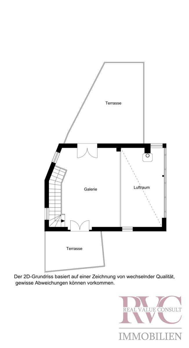 2D-Grundriss des Obergeschosses mit Galerie, Luftraum und Terrassenzugang.