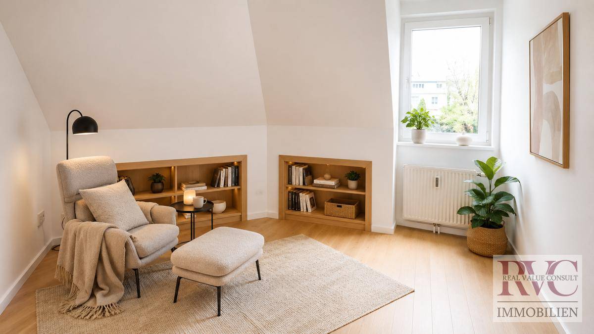 Gemütliche Leseecke mit Dachschräge, Fenster und integrierten Bücherregalen, ideal zum Entspannen.