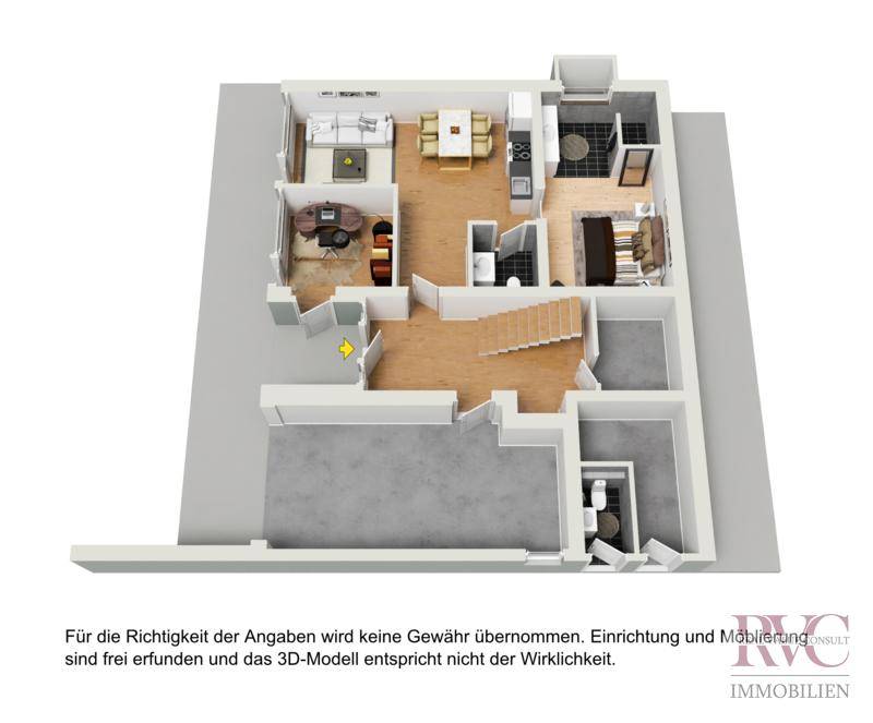 3D-Grundriss des Erdgeschosses mit offenem Wohnbereich, Küche und Schlafzimmer.