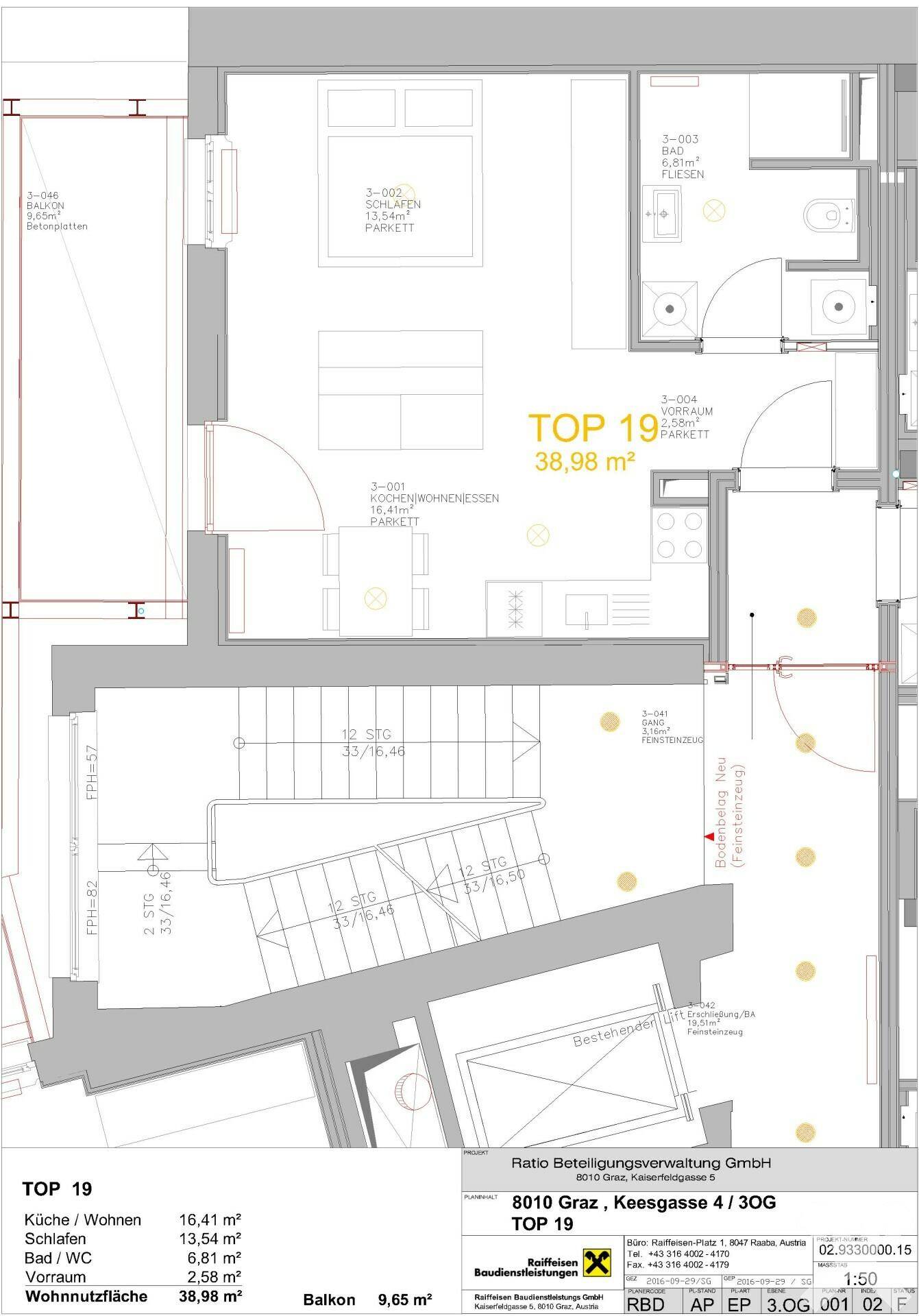 Detaillierter Grundriss der Wohnung TOP 19, zeigt eine offene Raumaufteilung mit Balkon und zwei Bädern.