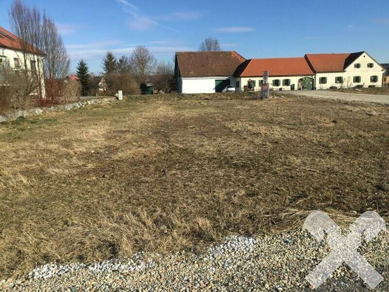 Leeres Grundstück mit trockenem Gras und umliegenden traditionellen Gebäuden unter blauem Himmel.