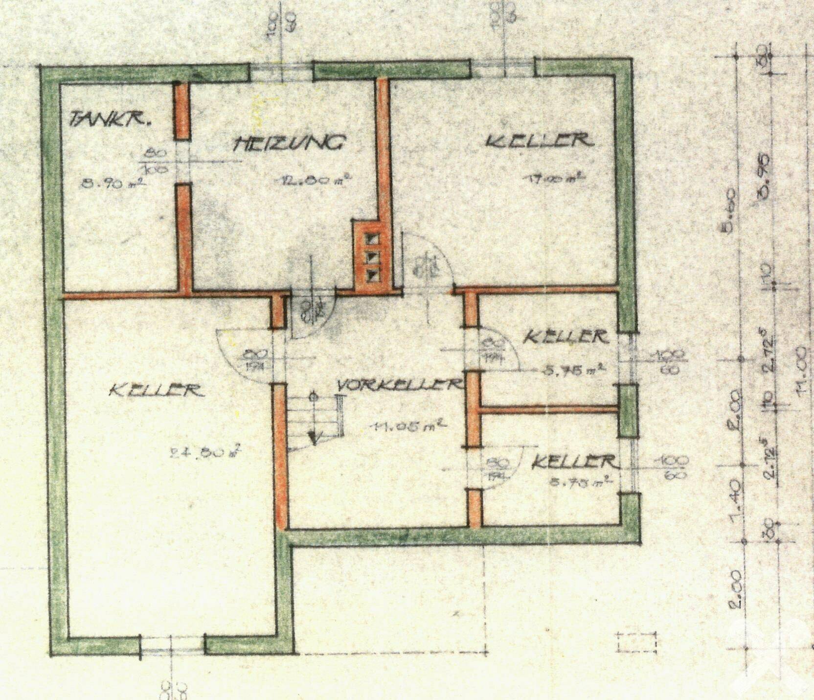 Grundriss des Kellergeschosses mit Heizraum, Kellerräumen und Vorratskammer.