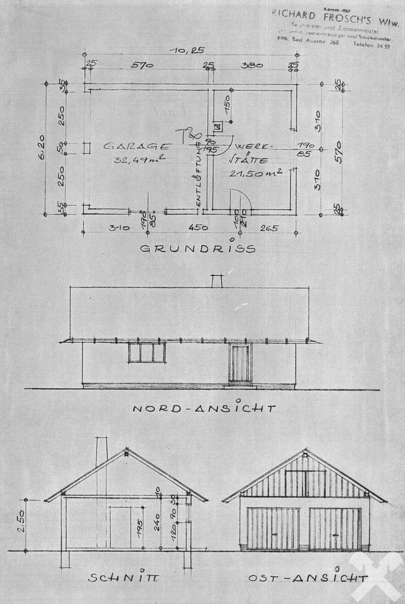 Architektonische Zeichnung der Garage mit Grundriss und Ansichten.