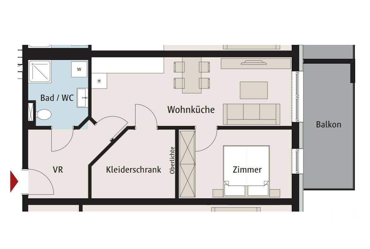 Grundriss der Wohnung mit Wohnküche, Schlafzimmer, Bad und Balkon.