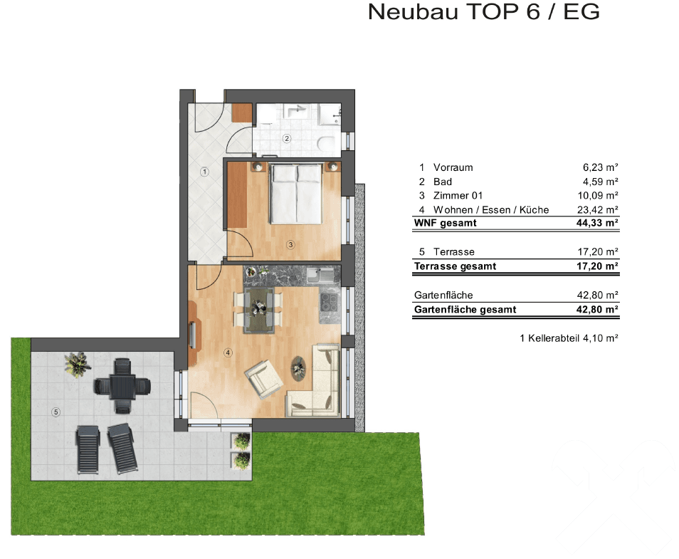 Grundriss eines Neubaus im Erdgeschoss mit offenem Wohnbereich, Schlafzimmer, Bad, großer Terrasse und eigenem Garten.