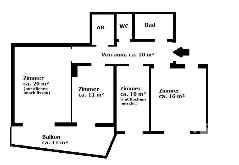 Grundriss einer Wohnung mit vier Zimmern, Bad, WC, Abstellraum und Balkon.
