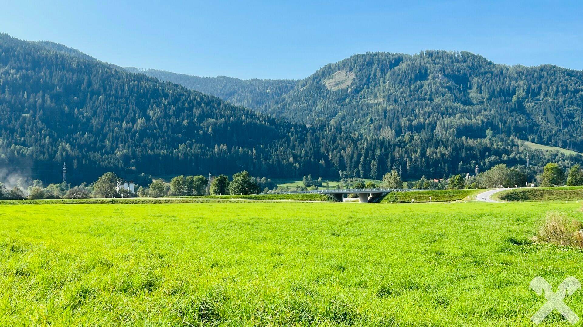 Weitläufige grüne Wiesenlandschaft mit bewaldeten Bergen und einer Brücke über einen Fluss oder Bach in der Ferne.