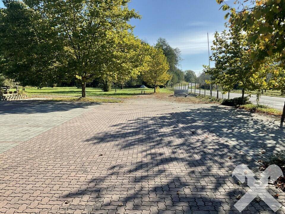 Gepflasterter Bereich, möglicherweise ein Parkplatz oder Hof, mit Bäumen und einer Grünfläche im Hintergrund.
