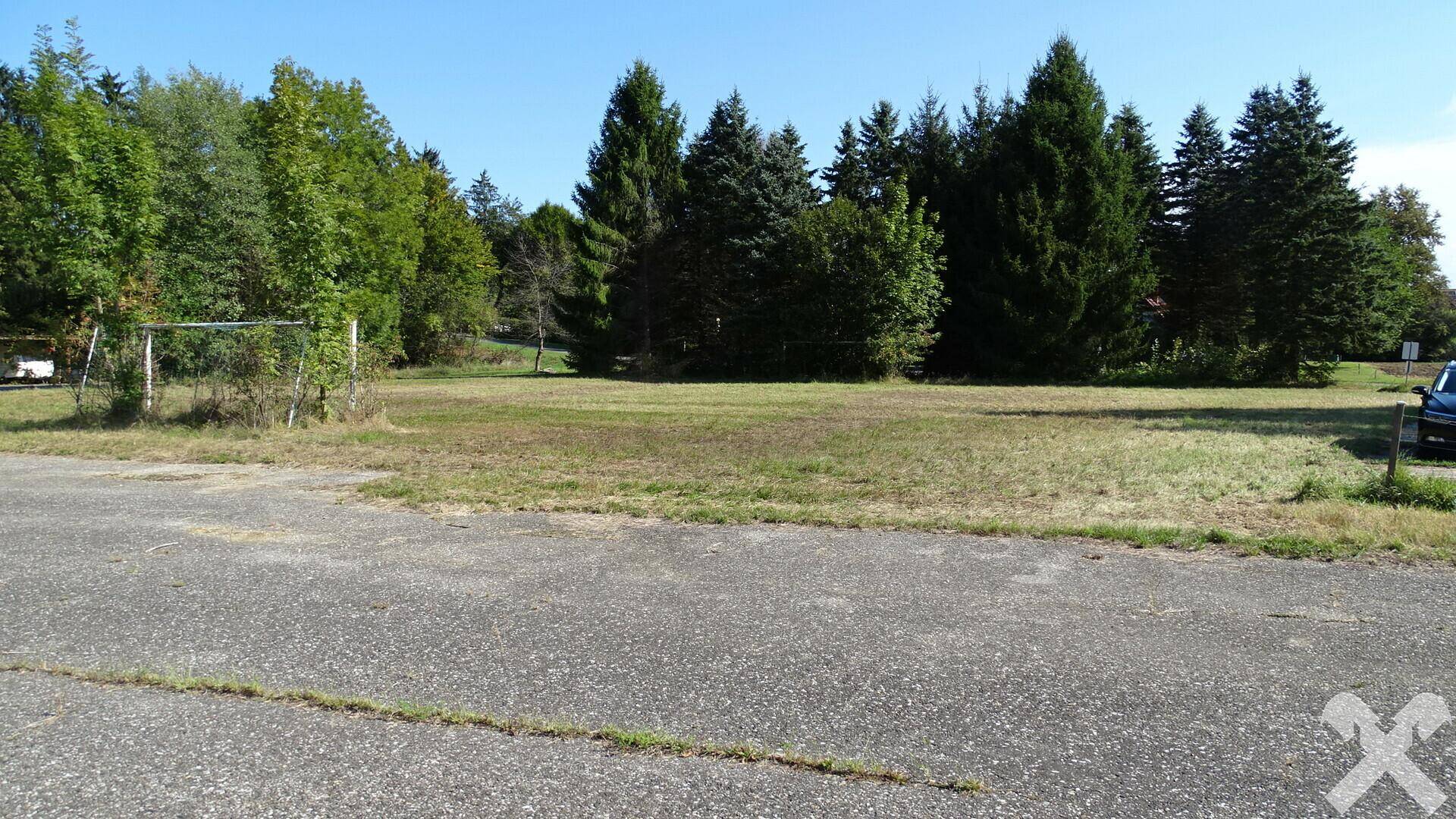 Weitläufige Grünfläche umgeben von Nadel- und Laubbäumen, mit einem asphaltierten Vorplatz.