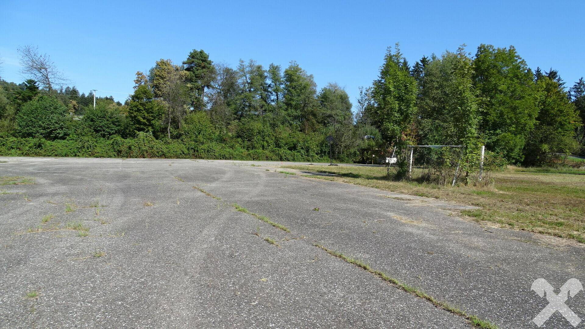 Große asphaltierte Fläche mit Grasbewuchs in den Rissen, umgeben von dichtem Baumbestand.