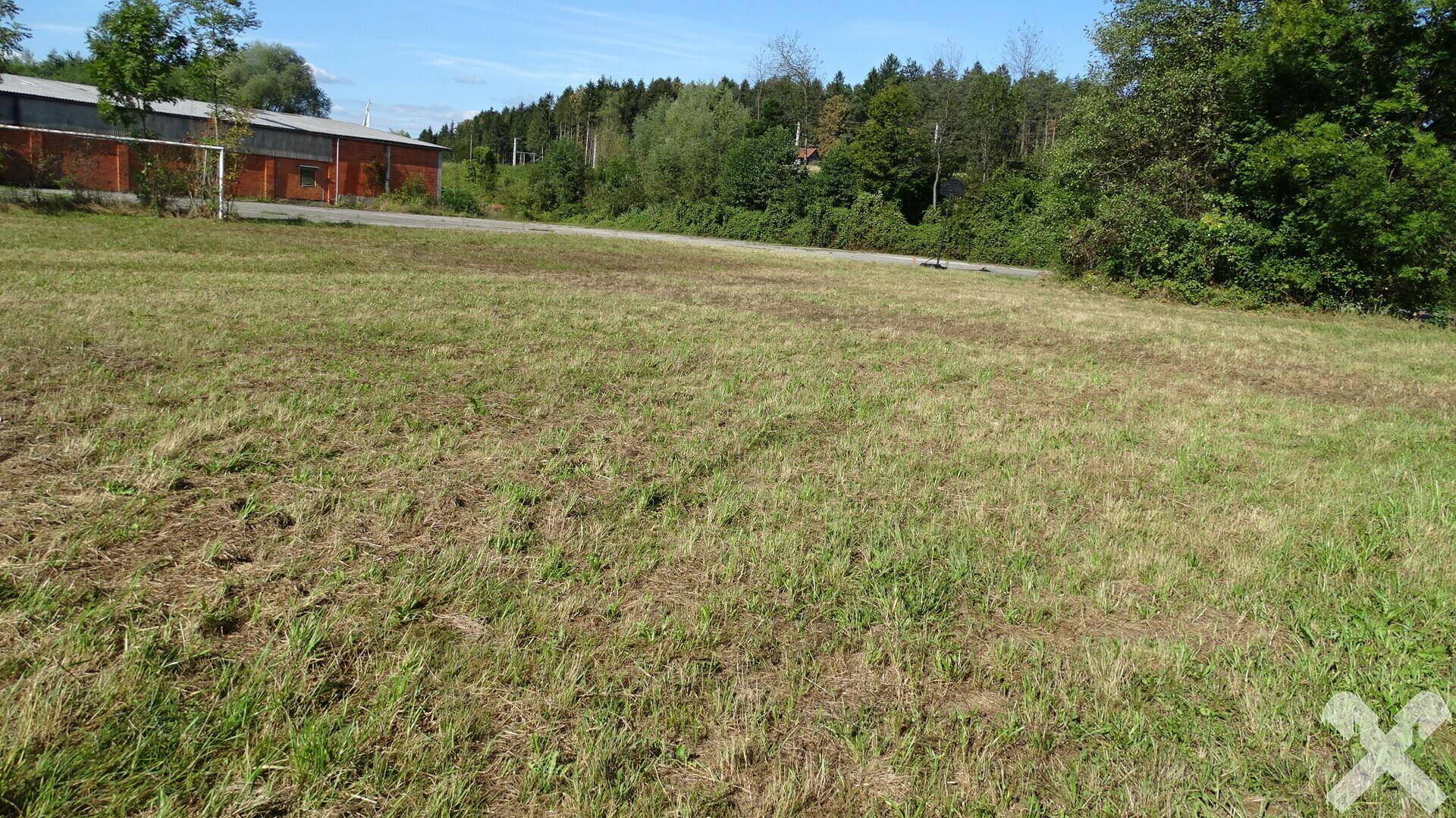 Ausgedehnte Wiesenfläche mit Blick auf entfernte Gebäude und einen Waldrand unter blauem Himmel.