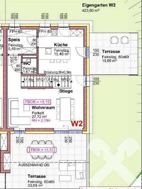 Grundriss des Erdgeschosses mit offener Küche, Wohnbereich, Gäste-WC, Terrasse und eigenem Garten.