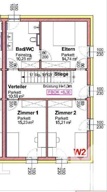 Grundriss des Obergeschosses mit Elternschlafzimmer, zwei weiteren Zimmern und einem Badezimmer mit WC.