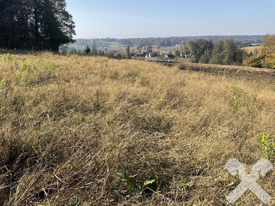 Ausgedehntes Feld mit trockenem Gras und Panoramablick auf die hügelige Landschaft und entfernte Siedlungen.