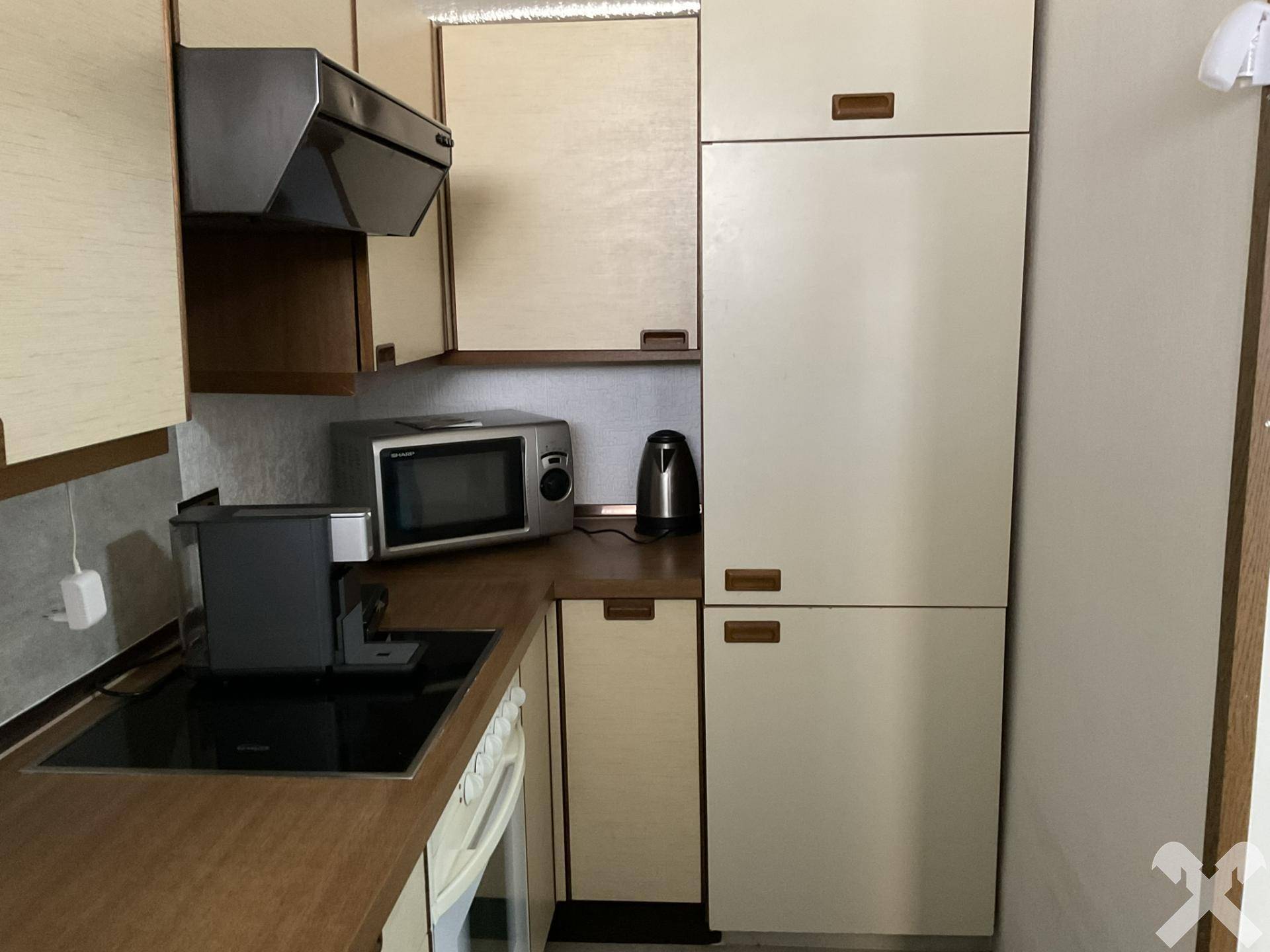 Küchenzeile mit Kochfeld, Mikrowelle und Kühlschrank in heller Holzoptik.