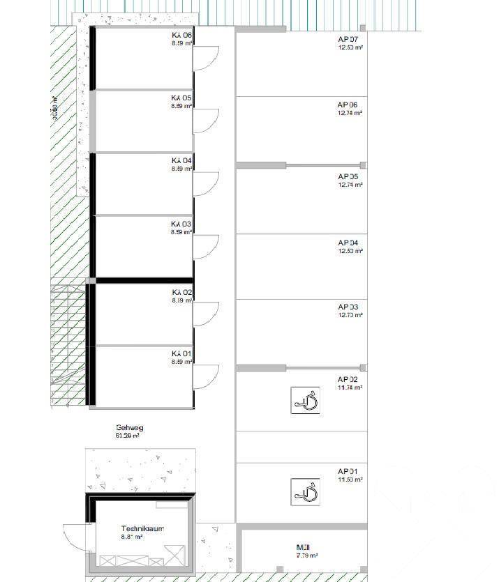 Grundriss des Kellergeschosses mit Abstellräumen und Technikraum.