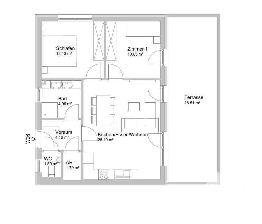 Grundriss einer Wohnung mit drei Zimmern, offener Küche und großer Terrasse.
