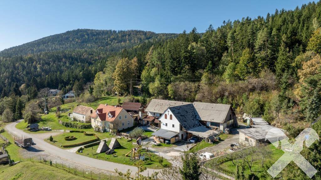 Panoramablick aus der Vogelperspektive auf das Anwesen, umgeben von Wäldern und grünen Hügeln.