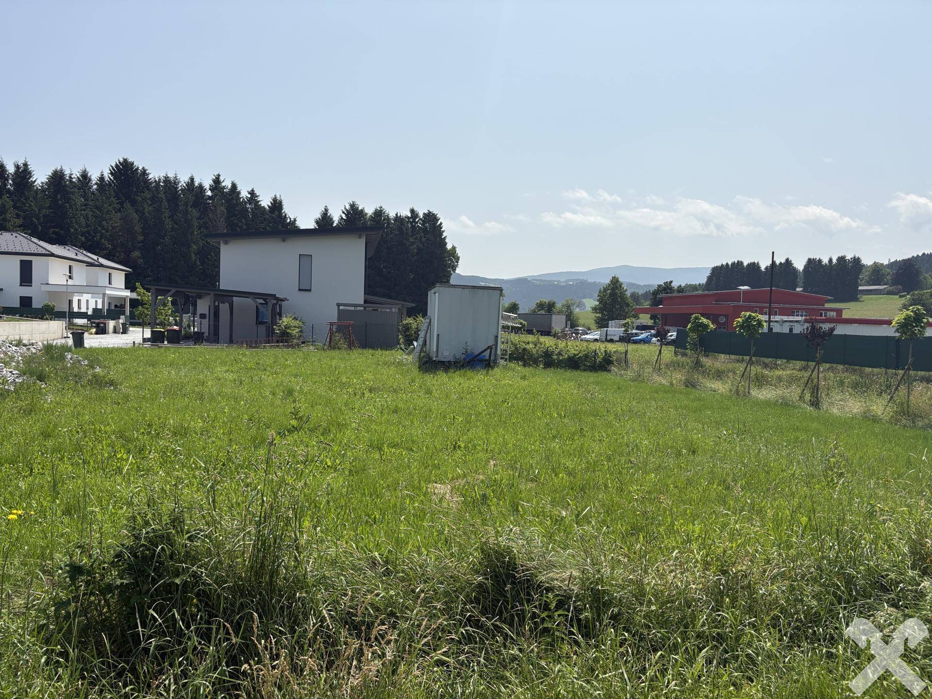 Grünes Grundstück mit Bäumen und modernen Häusern im Hintergrund unter klarem, blauem Himmel.