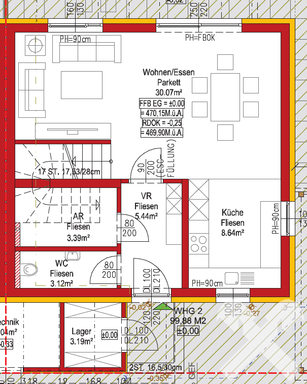 Detaillierter Grundriss des Erdgeschosses der zweiten Doppelhaushälfte mit offenem Wohnbereich und Küche.