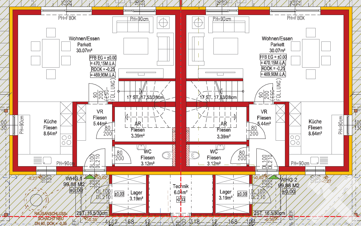 Grundriss Erdgeschoss, Haus 1 und Haus 2