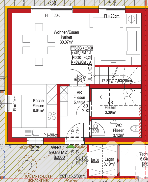 Detaillierter Grundriss des Erdgeschosses einer Doppelhaushälfte mit offenem Wohnbereich und Küche.