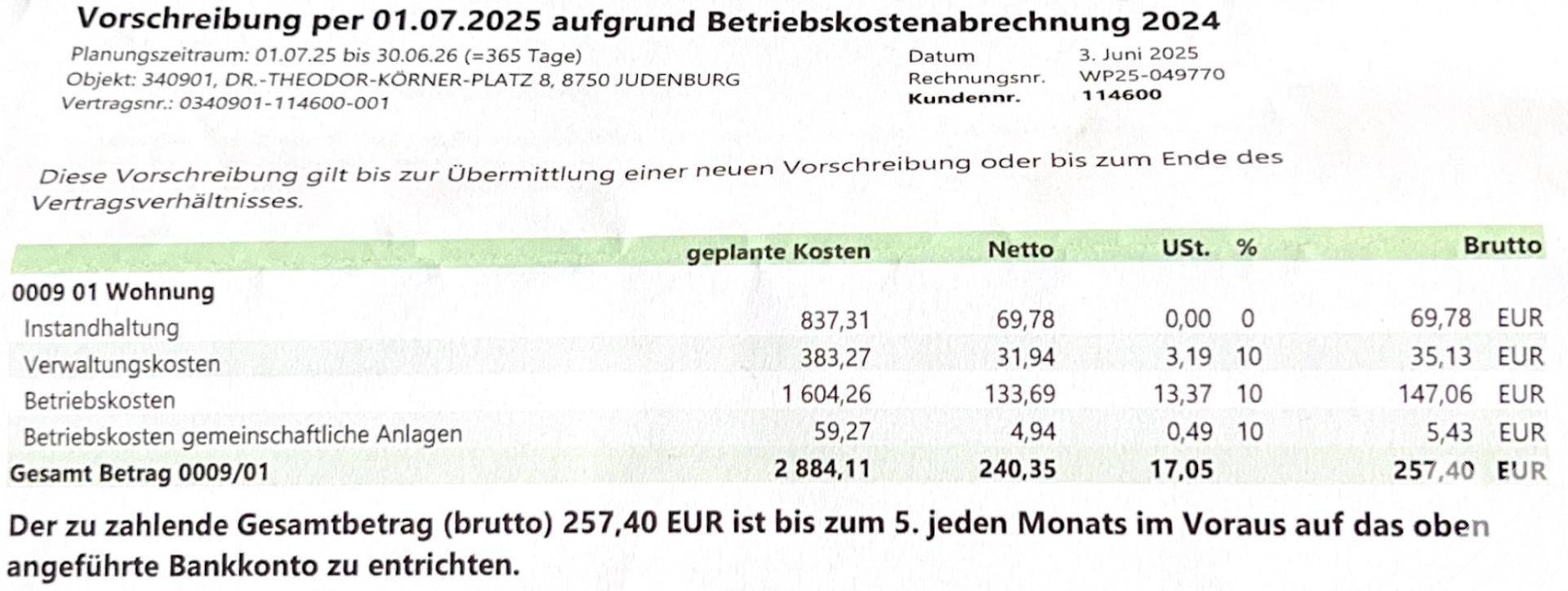 Monatliche Vorschreibung