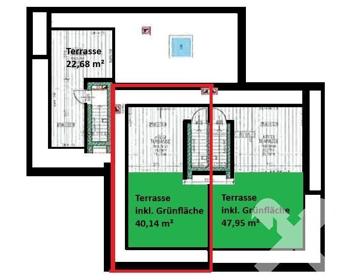 Grundriss der Außenbereiche mit großzügigen Terrassen und angrenzenden Grünflächen.