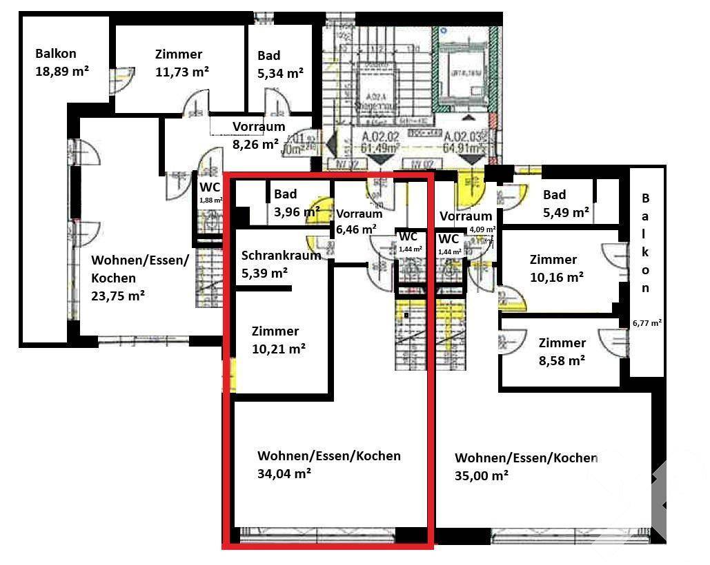 Grundriss einer Wohnung mit offenem Wohnbereich, mehreren Zimmern, Bädern und Balkon.