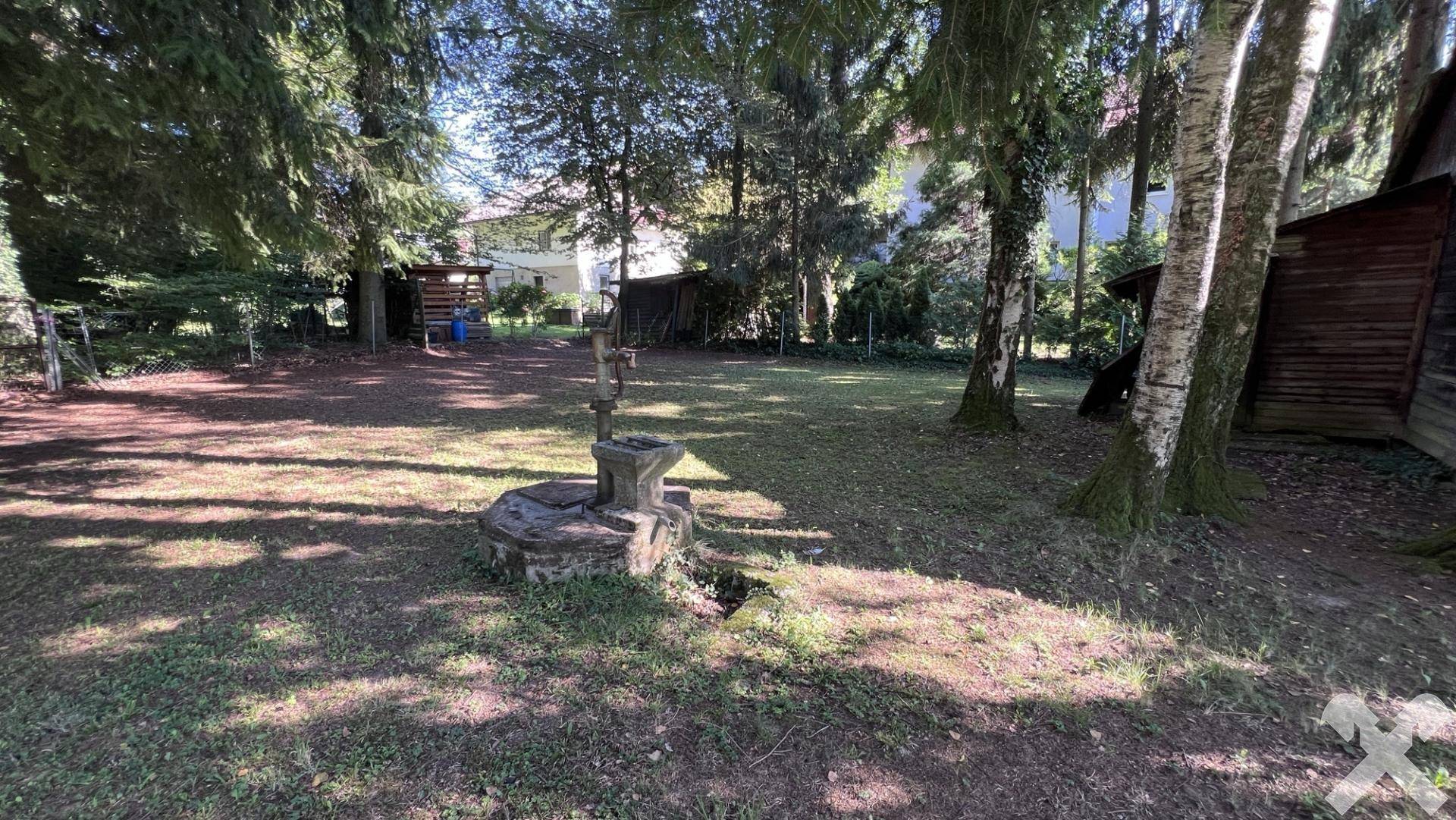 Naturbelassener Gartenbereich mit alten Bäumen und einem traditionellen Steinbrunnen im Vordergrund.