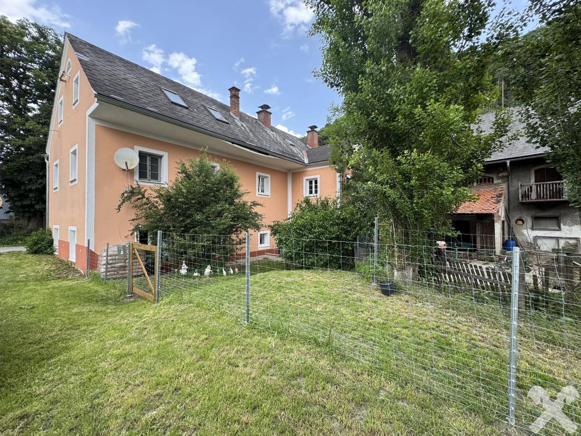 Rückansicht des Hauses mit großem Gartenbereich und altem Baumbestand.