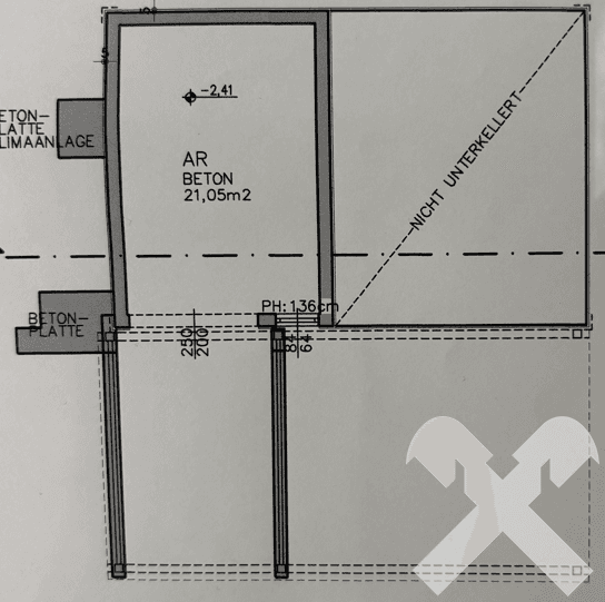 Grundriss des Untergeschosses mit Abstellraum und nicht unterkellertem Bereich.