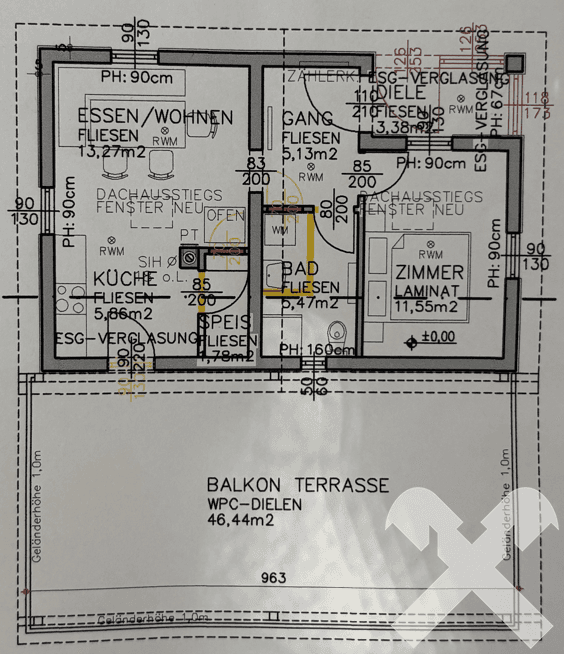 Grundriss des Obergeschosses mit Wohn-/Essbereich, Küche, Bad und Schlafzimmer.