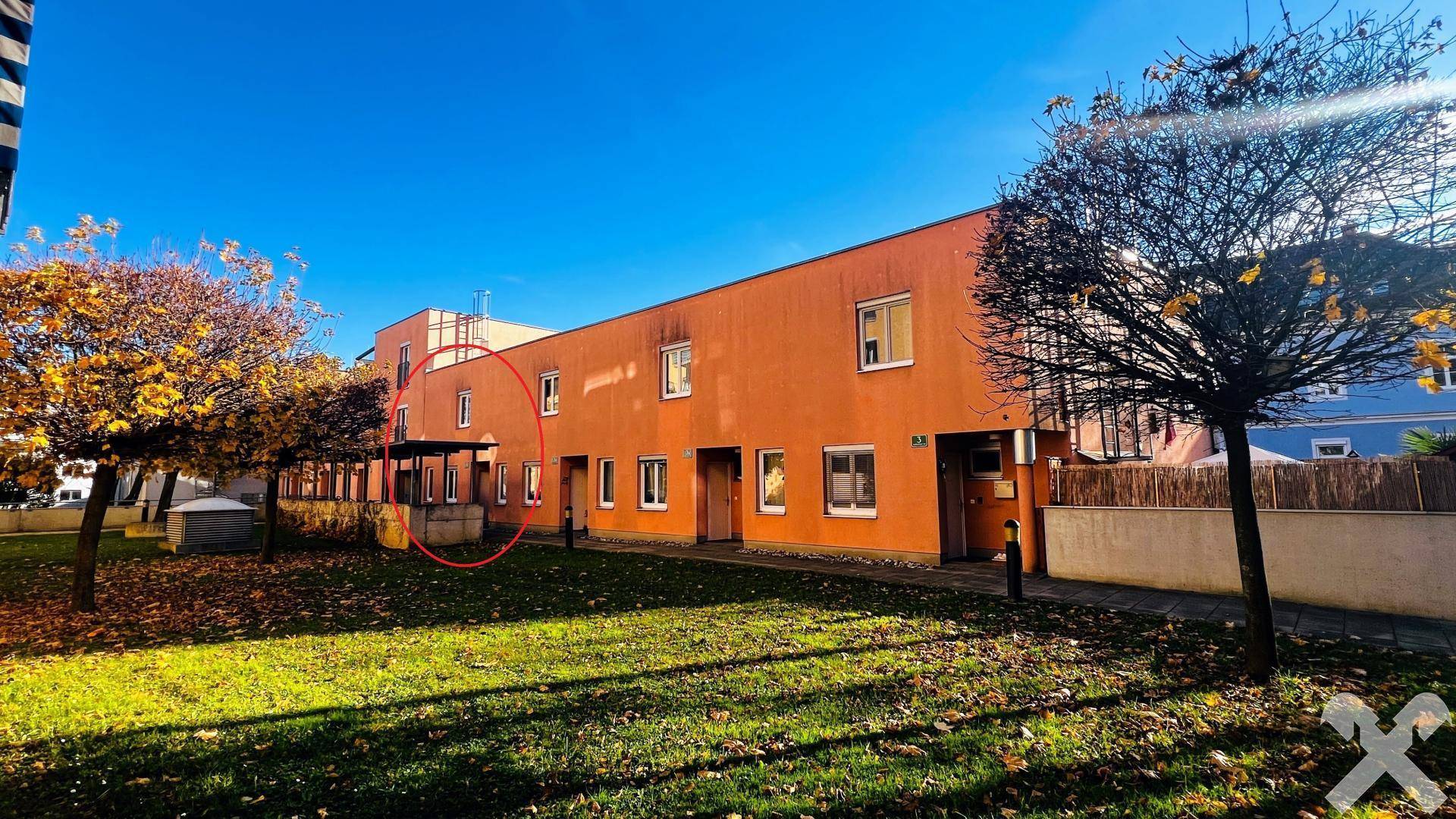 Rückansicht des Gebäudes mit Grünfläche und Bäumen im Herbstlicht.