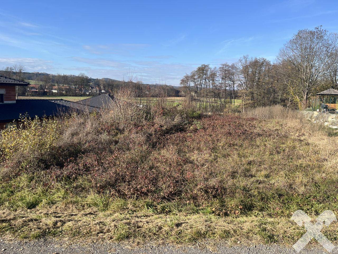 Weitläufiges Grundstück mit Blick auf die Natur und angrenzende Wohnbebauung unter blauem Himmel.