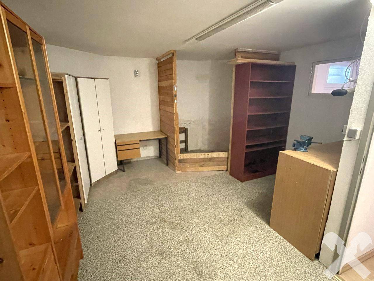 Geräumiger Kellerraum mit Teppichboden und Regalen, ideal als Hobby- oder Abstellraum.