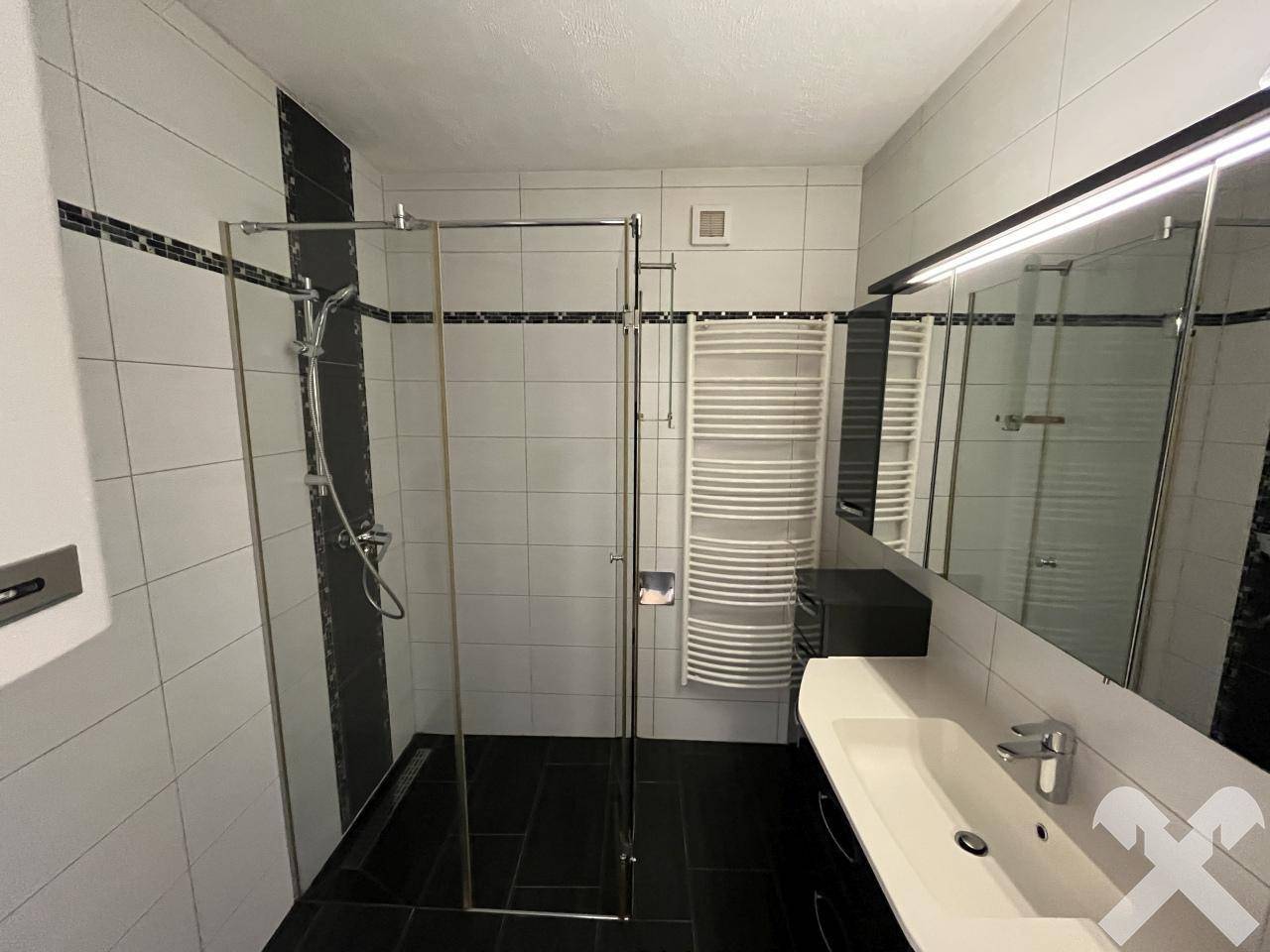 Modernes Badezimmer mit Duschkabine, Waschbecken und beheiztem Handtuchhalter.