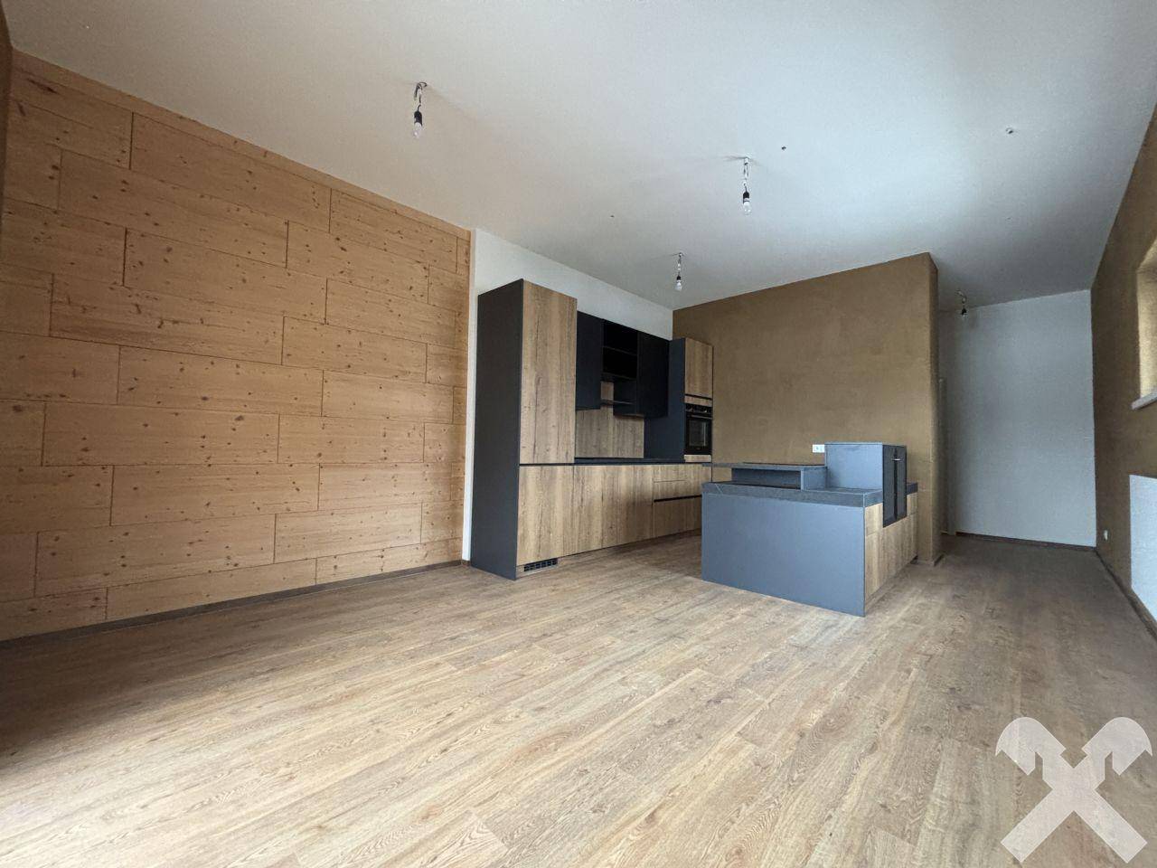 Geräumiger offener Wohnbereich mit integrierter Küche, Holzwand und Holzboden.