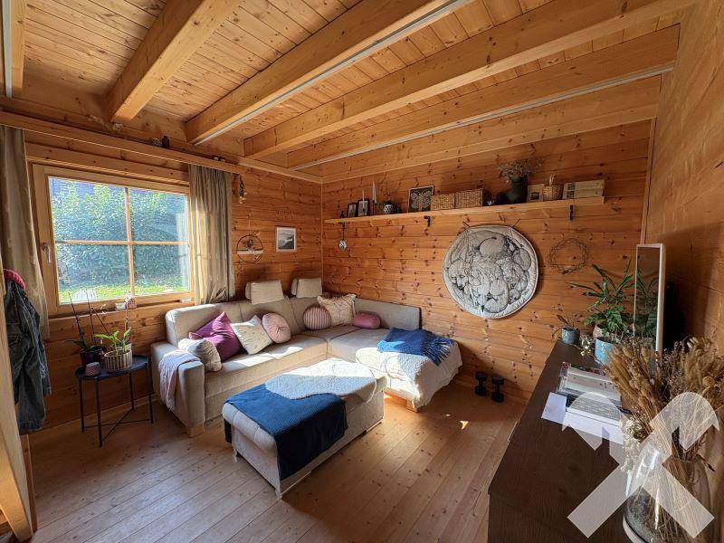Gemütliches Wohnzimmer mit Holzwänden, bequemer Couch und natürlichem Lichteinfall.