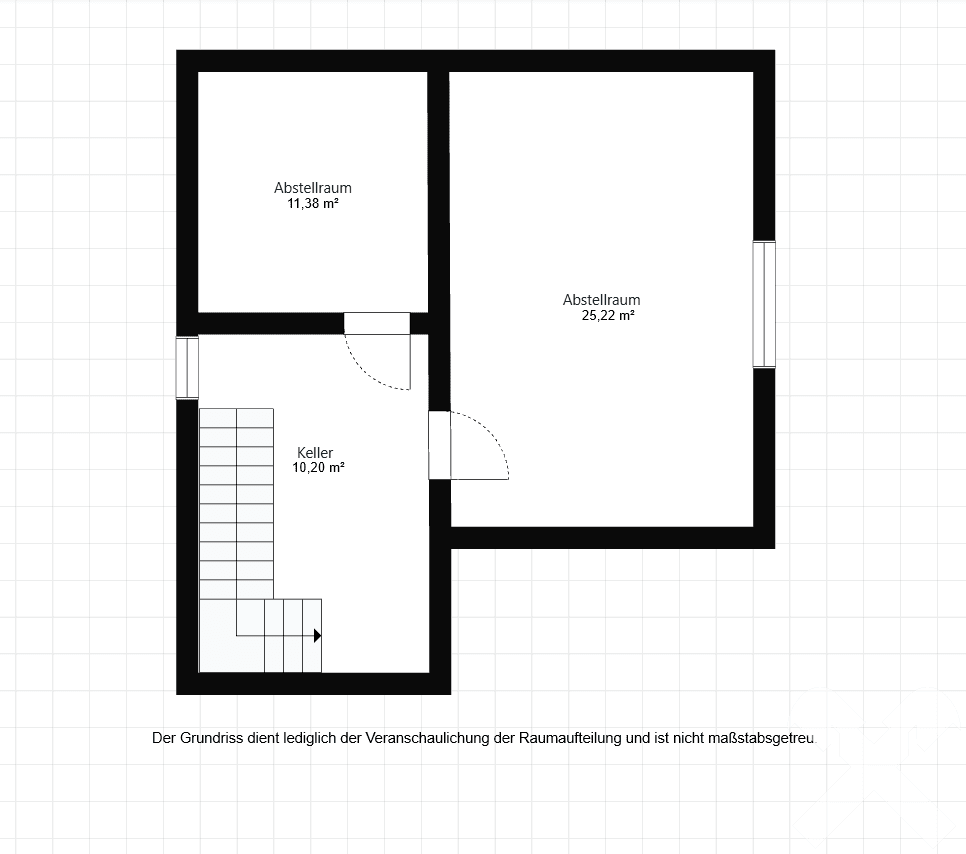 Grundriss des Kellergeschosses mit zwei Abstellräumen und Zugang über eine Treppe.
