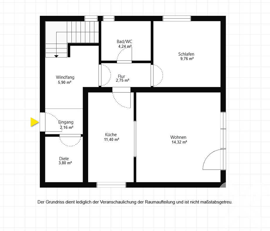 Grundriss des Erdgeschosses mit Wohnzimmer, Küche, Schlafzimmer und Bad.