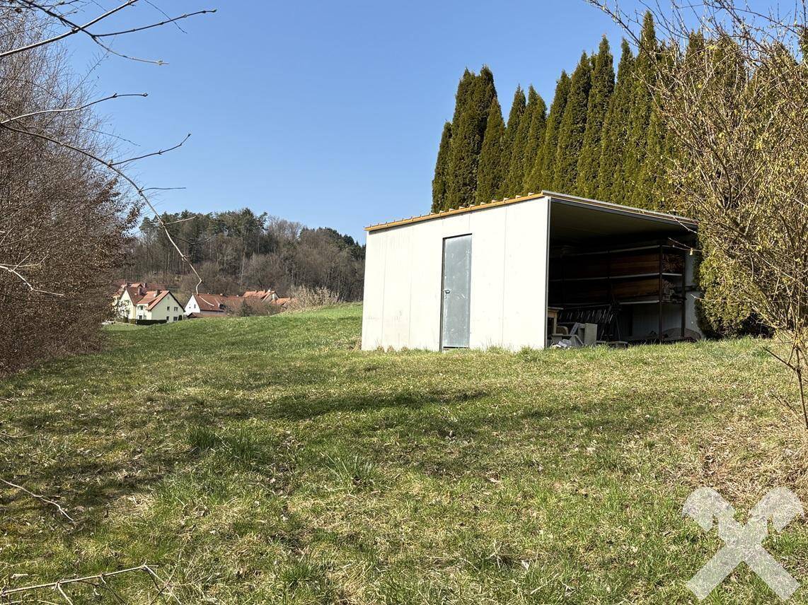 Eine einfache Gartenhütte auf einer weitläufigen Wiese mit Bäumen im Hintergrund.