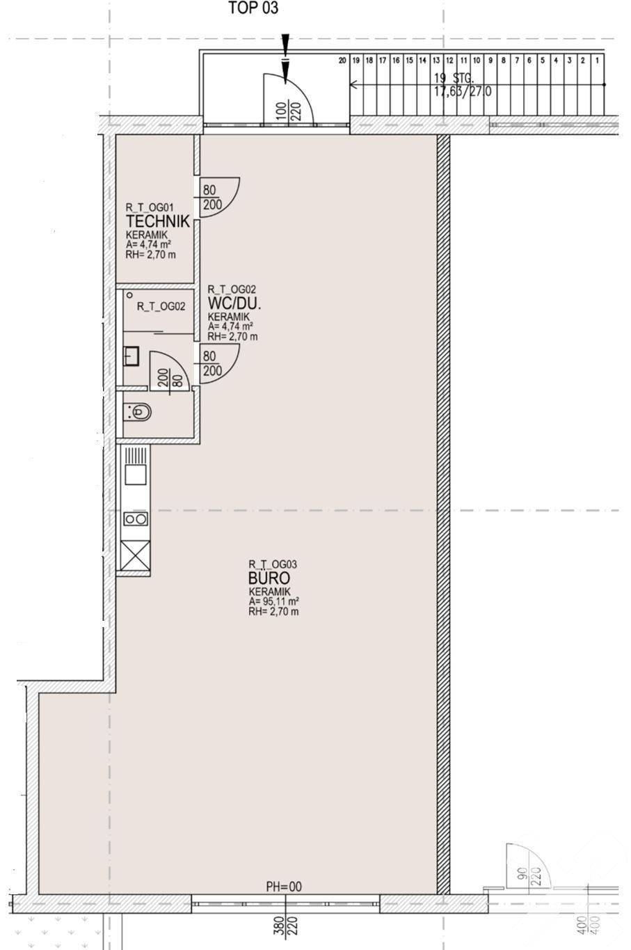 Grundriss des Obergeschosses mit Technikraum, WC/Dusche und großem, offenem Bürobereich.