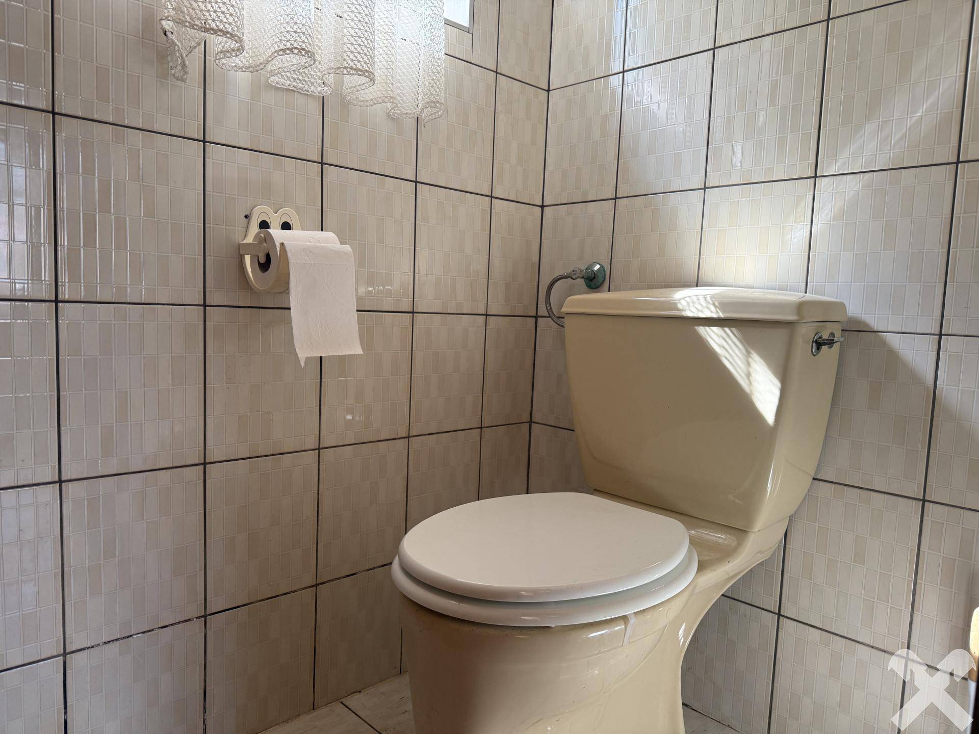 Separate Toilette mit beigen Fliesen und Fenster, typisch für die 80er Jahre.