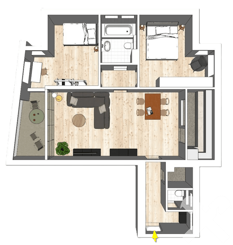 Möblierter Grundriss einer Wohnung mit zwei Schlafzimmern, Bad und Balkon.