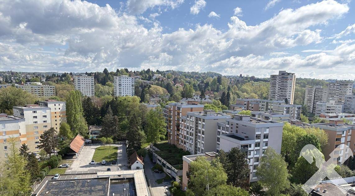 Weitläufiger Blick über die Stadt mit vielen Wohngebäuden und grünen Baumflächen unter blauem Himmel.